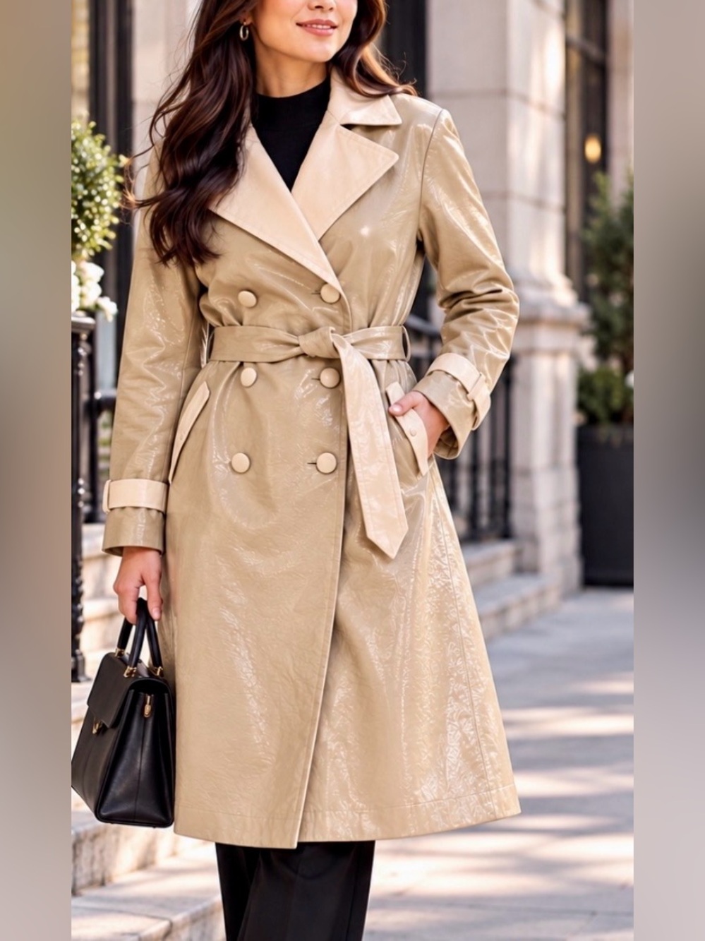 Anthropologie Hutch Two-Tone Vegan Leather Belted Trench Coat size M